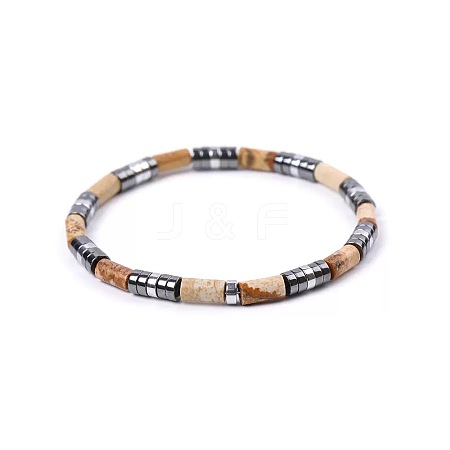 Bohemian Natural Picture Jasper & Platinum Synthetic Non-magnetic Hematite Beaded Stretch Bracelets for Women Men LS-NY1304-5-1