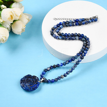 Natural Lapis Lazuli 4.5mm Round Beaded Flower Pendant Necklaces NJEW-T016-04C-1