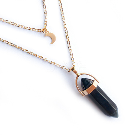 Natural Obsidian Double Terminated Pointed Bullet & Moon Alloy Pendant Double Layer Necklaces for Women WGAD714-01-1