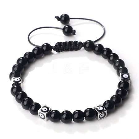 Trendy Ethnic Style Cube Evil Eye & Round Natural Black Onyx(Dyed & Heated) Beaded Stretch Bracelets PJ2289-1-1