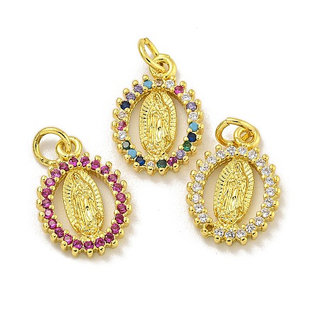 Virgin Mary Theme Rack Plating Brass Micro Pave Cubic Zirconia Pendants KK-C074-28M-1