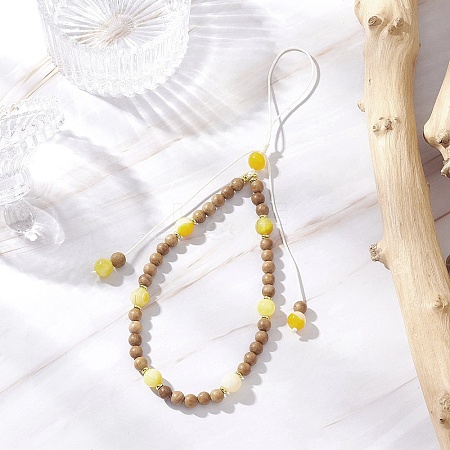 Dyed Natural Banded Agate & Wood Round Beaded Phone Hand Strap Chains HJEW-JM03365-01-1