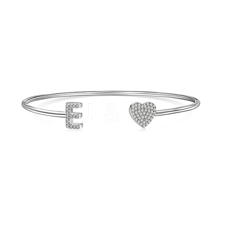 Anti-Tarnish Heart & Letter Rhodium Plated 925 Sterling Silver Micro Pave Cubic Zirconia Cuff Bangles for Women BJEW-C062-01E-P-1