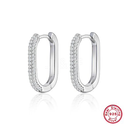 Anti-Tarnish Oval Rhodium Plated 925 Sterling Silver with Rhinestone Hoop Earrings IL6021-1-1