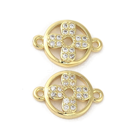 Rack Plating Brass Micro Pave Clear Cubic Zirconia Flat Round with Flower Connector Charms KK-C052-40G-1