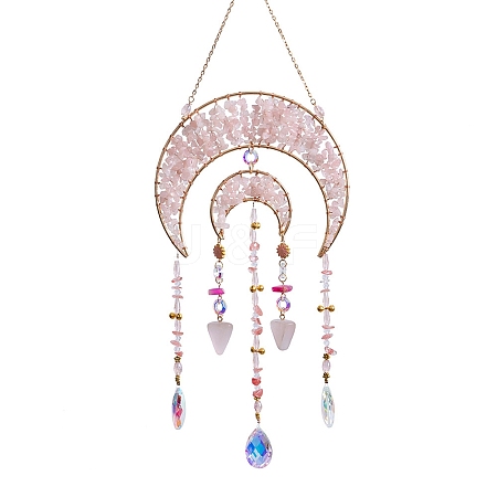 Double Moon Natural Rose Quartz Chips Beads Suncatchers HJEW-F027-02-1