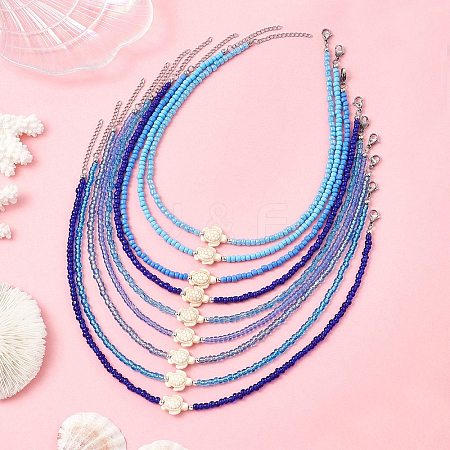 9Pcs 9 Styles Synthetic Turquoise Sea Turtle with Glass Seed Beaded Necklace Sets for Women NJEW-JN05930-1
