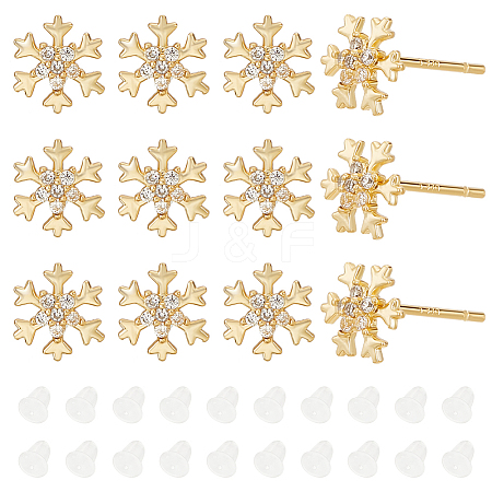 BENECREAT 6 Pairs Clear Cubic Zirconia Snowflake Stud Earrings EJEW-BC0001-15-1