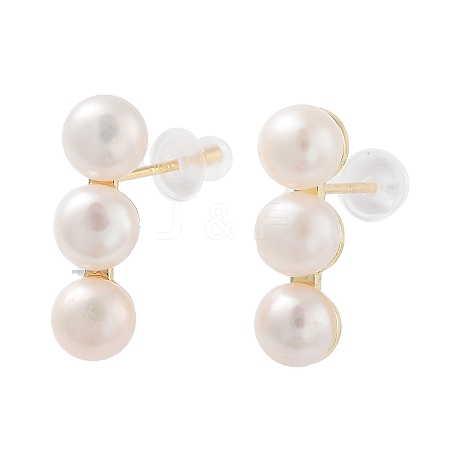 Round Natural Pearl Stud Earrings with Brass Findings and 925 Sterling Silver Pins EJEW-P256-84G-1