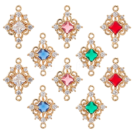 10Pcs 5 Colors Brass Pave Clear Cubic Zirconia & Glass Hollow Rhombus Connector Charms KK-HS0015-56-1
