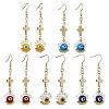 Handmade Seed Evil Eye & Cross Dangle Earrings EJEW-MZ00227-1