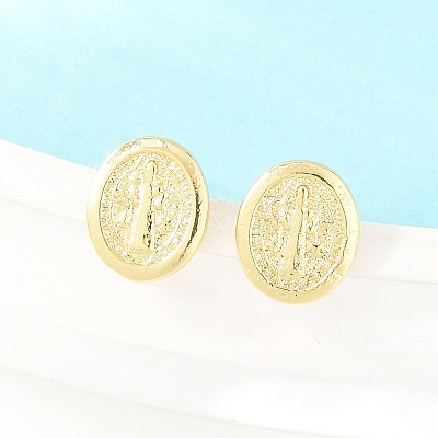 Religion Brass Stud Earrings EJEW-F405-23F-G-1