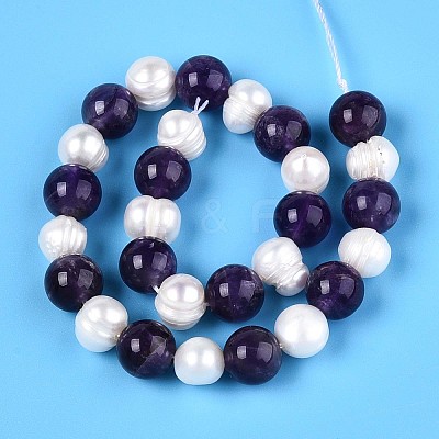 Natural Amethyst Round & Natural Cultured Freshwater Pearl Grooved Potato Beads Strands PEAR-N019-11-1