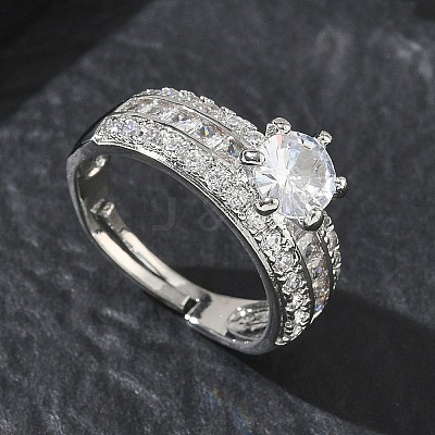 Adjustable Brass Finger Rings with Round Cubic Zirconia Center & Baguette Accents for Women CU-CBA7E55-16P-1