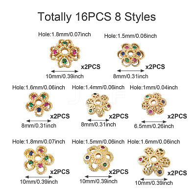 16Pcs 8 Styles Brass Micro Pave Cubic Zirconia Bead Caps ZIRC-TA0001-23G-1