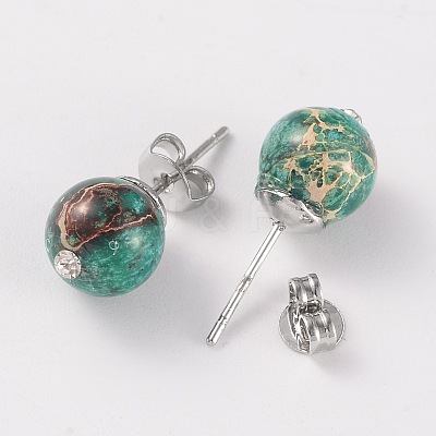 Natural Regalite/Imperial Jasper/Sea Sediment Jasper Rhinestone Round Ball Stud Earrings EJEW-JE01942-1