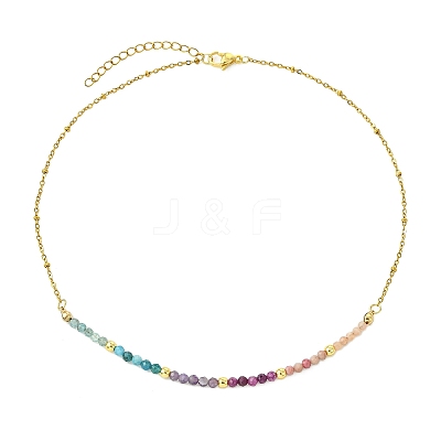 Natural Rhodonite & Apatite & Amethyst & Ruby & Sunstone Faceted Round Beaded 304 Stainless Steel Satellite Chain Necklaces NJEW-JN06151-1