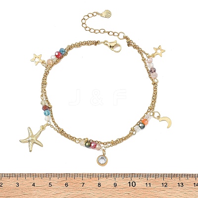 Ocean Faceted Rondelle Electroplate Glass 2-Strand 304 Stainless Steel Sea Animals Charm Anklets for Women AJEW-AN00793-1