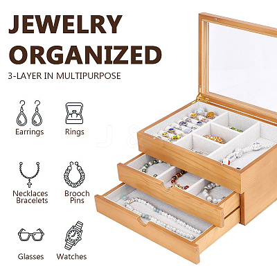 3-Tier Pine Wood Jewelry Storage Drawer Boxes with Visible Window CON-WH0095-222-1