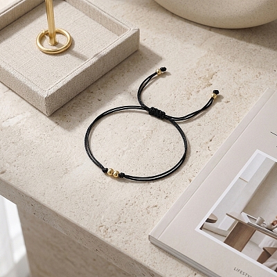 Adjustable Brass Round Bead Polyester Braided Cord Bracelets for Women ZQ0354-1-1