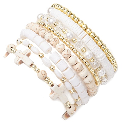 8Pcs 8 Styles Natural & Synthetic Gemstone & Glass & Handmade Polymer Clay & Acrylic Beads Stretch Bracelet Sets BJEW-JB12096-1