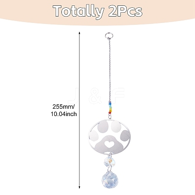2Pcs 201 Stainless Steel Paw Print Shape & Rainbow Crystal Glass Hanging Suncatcher HJEW-TA00447-1