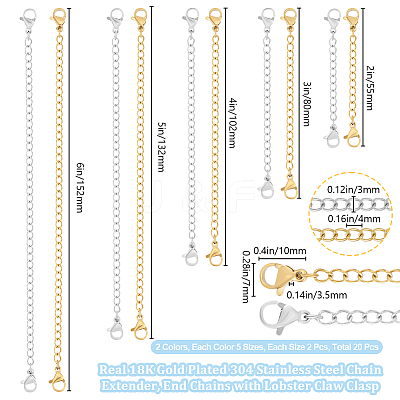 20Pcs 5 Style Ion Plating(IP) 304 Stainless Steel Chain Extender STAS-BBC0003-70GP-1