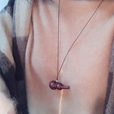 Wood Gourd Pendant Adjustable Waxed Cord Necklaces WGF04D5-02-1