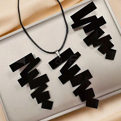 Irregular Geometry Acrylic with Imitation Leather Cord Pendant Necklace & Stud Earring Sets FS-WGB043E-01-1