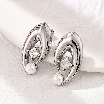 304 Stainless Steel Shell Pearl Stud Earrings EJEW-U051-08P-1