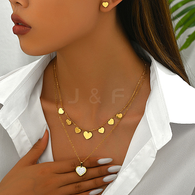 Elegant Vintage Stainless Steel Rhinestone Heart-shaped Stud Earrings & Double-layer Necklace Sets for Women AW6006-1