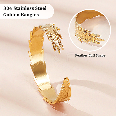 2Pcs 304 Stainless Steel Feather Cuff Bangles BJEW-PH0004-41-1