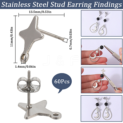 60Pcs Star Shape 201 Stainless Steel Stud Earrings Findings STAS-SC0007-96-1