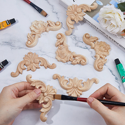 8Pcs 2 Styles Carved Wooden Corner Decoration WOOD-FH0002-28-1