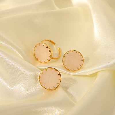 Flat Round Natural Rose Quartz Cuff Ring & Stud Earrings Sets MO9107-1-1