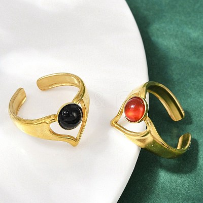316 Stainless Steel with Natural Mixed Gemstone Cuff Rings RJEW-Z098-01G-13-1