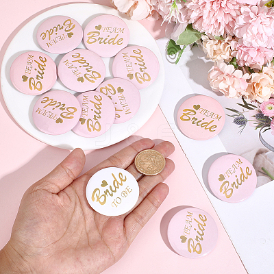 12Pcs Tinplate & Plastic Bride Badges for Wedding Party Bridal Shower Decoration AJEW-SC0032-08A-1