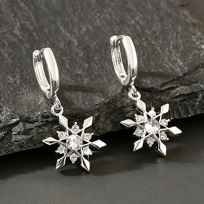 Brass Micro Pave Cubic Zirconia Snowflake Hoop Dangle Earrings for Women WGD9903-02-1
