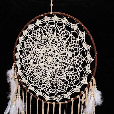 Handmade Round Cotton Woven Net/Web with Feather Wall Hanging Decoration HJEW-G015-02A-1