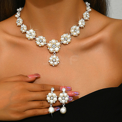 Flower Alloy Crystal Rhinestone & Plastic Pearl Link Chain Necklaces & Stud Dangle Earrings Sets FS-WGC22CC-02-1