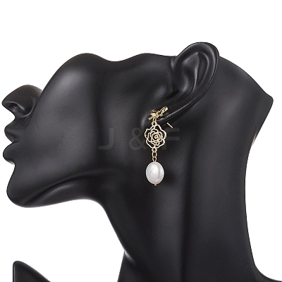 Natural Keshi Pearl Flower with Bowknot Dangle Stud Earrings EJEW-JE06726-1