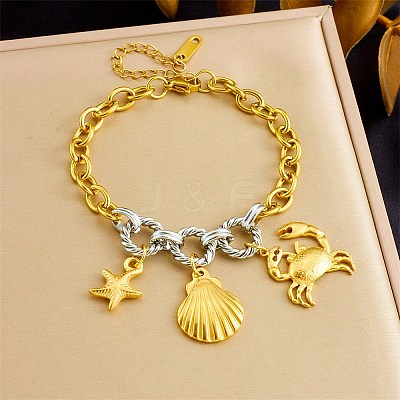 Duo Tone Ocean 304 Stainless Steel Shell Shape Crab Charm Bracelets for Women SA-CBA717A-07G-1