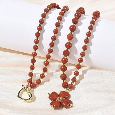 Saint Patrick's Day Natural Red Jasper Clover Pendant Round Beaded Necklaces with Brall Heart OT Clasps NJEW-G202-02G-04-1