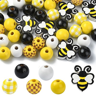 Bees Themed Printed Wood Beads Sets WOOD-YW0001-21-1