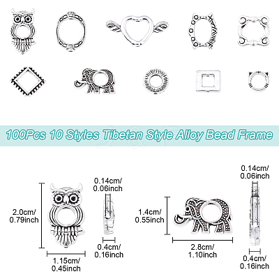 100Pcs 10 Styles Tibetan Style Alloy Bead Frame FIND-YW0007-62-1
