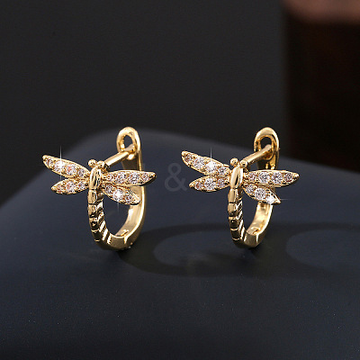 Brass Micro Pave Cubic Zirconia Dragonfly Hoop Earrings for Women WG01AB9-01-1