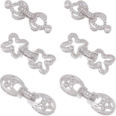 6Pcs 3 Styles Rack Plating Brass Micro Pave Clear Cubic Zirconia Fold Over Clasps KK-HS0001-01P-1
