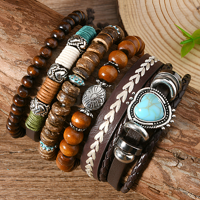 6Pcs 6 Styles Wood & Synthetic Turquoise & Alloy Beaded Stretch Bracelets & Braided Bracelets for Women BJEW-CL0001-60-1