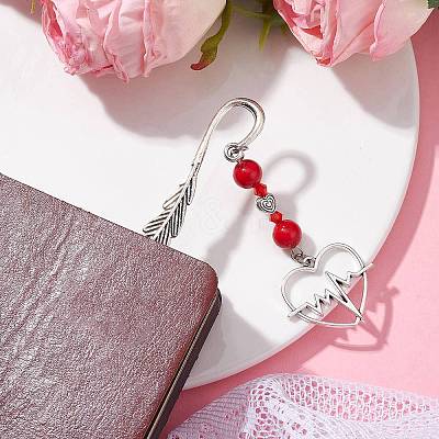 Valentine's Day Alloy Heart Pendant Bookmarks AJEW-JK00270-02-1