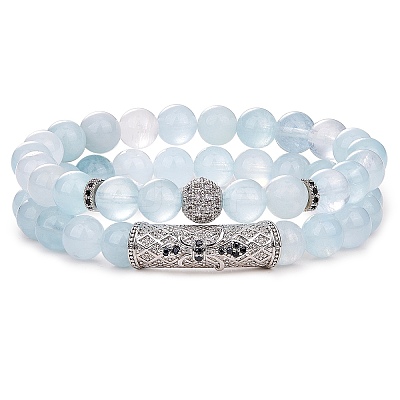 2Pcs 2 Style Natural Aquamarine Stretch Bracelets Set BJEW-SW00094-1